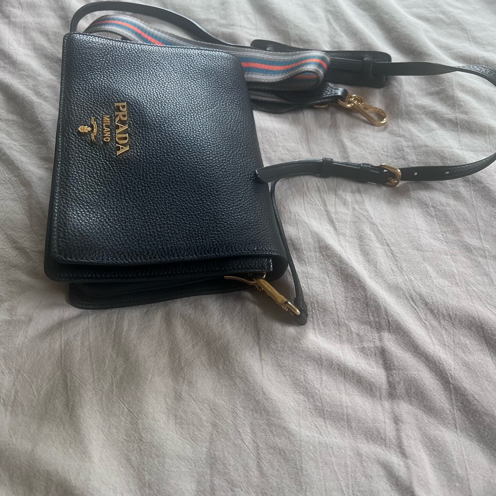 Prada Black Leather Crossbody Bag with Striped Strap. - Picture 3 of 4